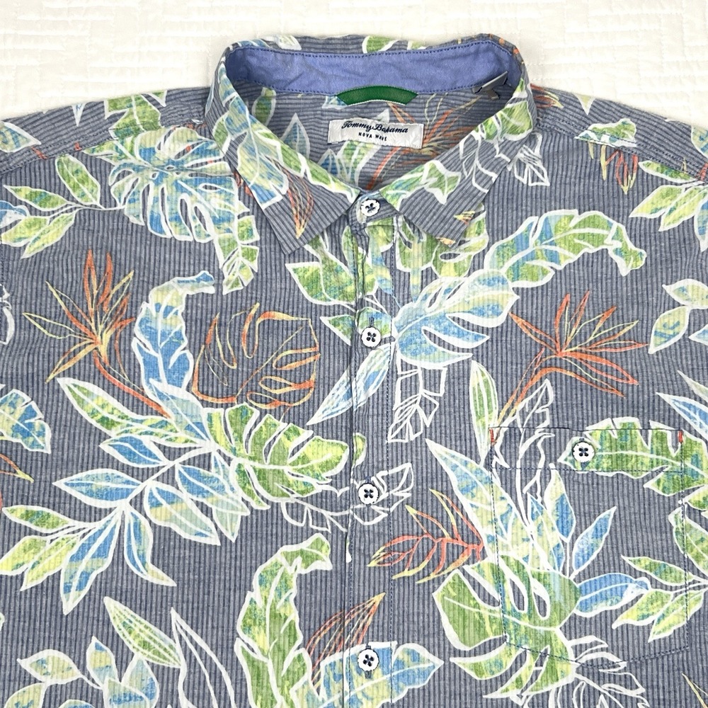 Tommy Bahama Nova Wave Seersucker Floral Hawaiian Shirt Mens 2XL Blue Green
